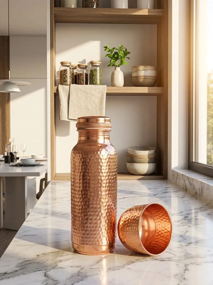 Artisan Hammered Copper Bottle & Mule Mug Set