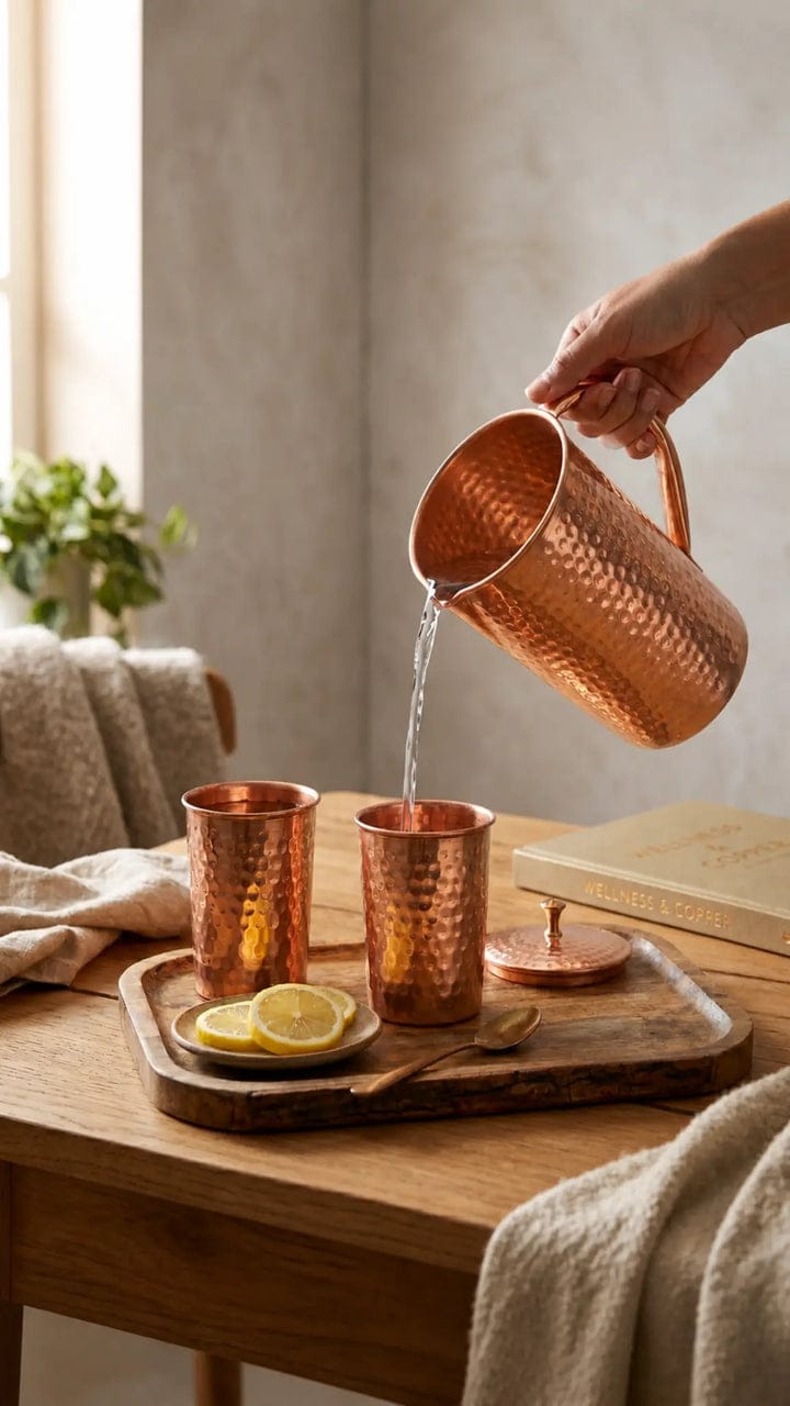 Hammered Pure Copper Water Jug & Glass Set (1 Jug + 2 Glasses)